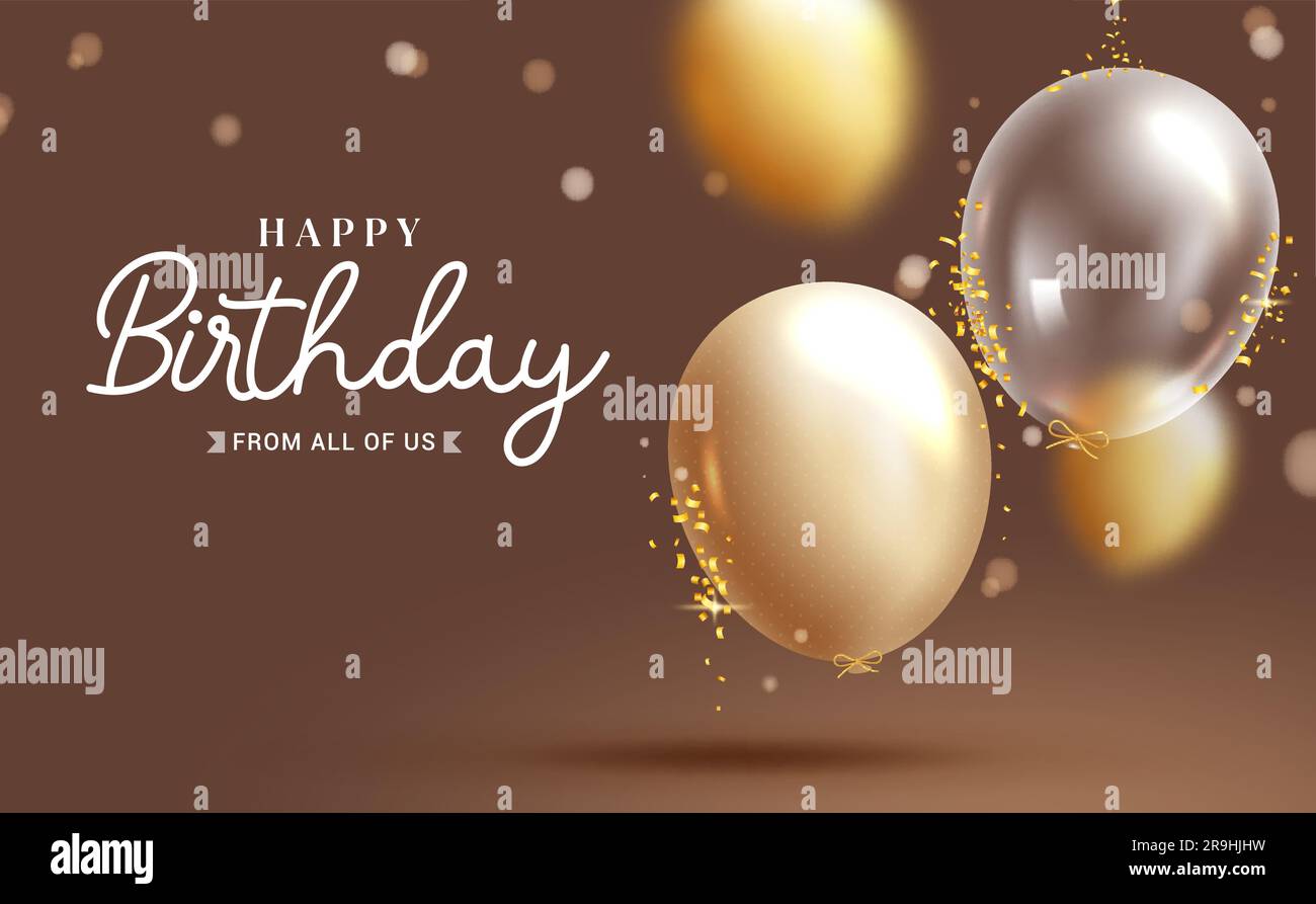 Happy Birthday Text Vector Design. Geburtstagsgruß mit goldenen und transparenten Ballonelementen im eleganten Hintergrund. Vektordarstellung Stock Vektor