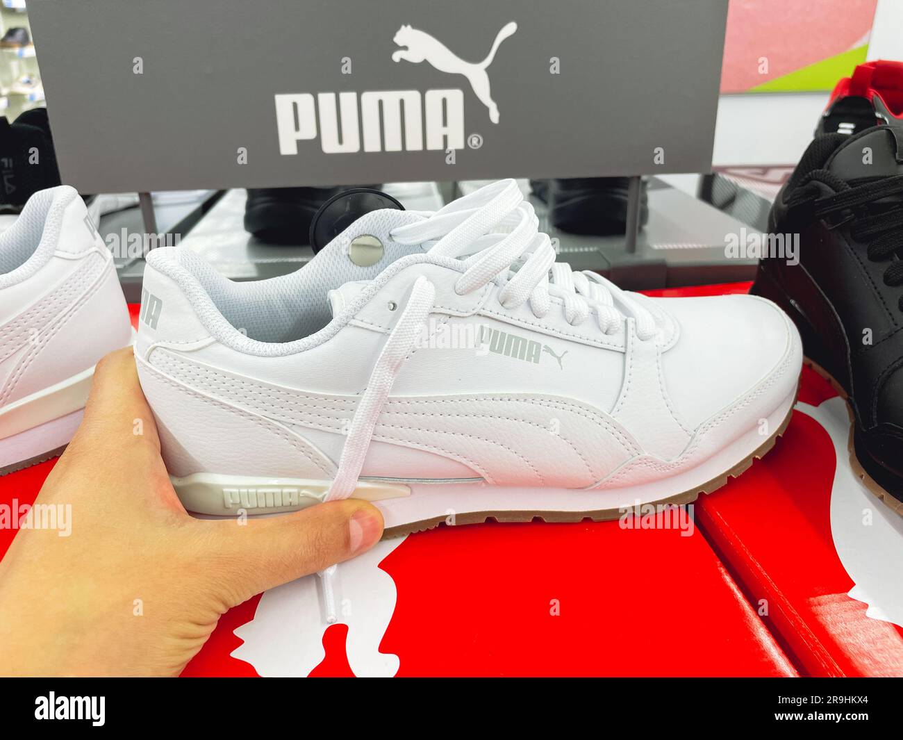 Tyumen, Russland – 14. Juni 2023: Neue Puma Schuhe, Turnschuhe, Sportschuhe  mit Logo. Sport- und Freizeitschuhkonzept Stockfotografie - Alamy