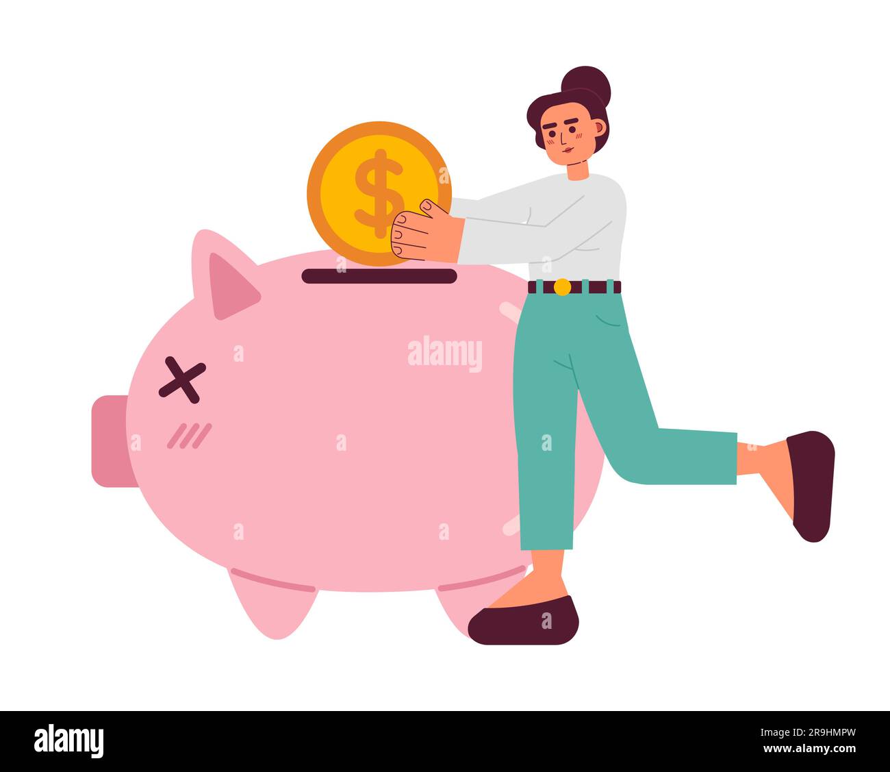Junge Frau investiert Münze in ein Sparschwein-2D-Vektor-Einzelbild Stock Vektor