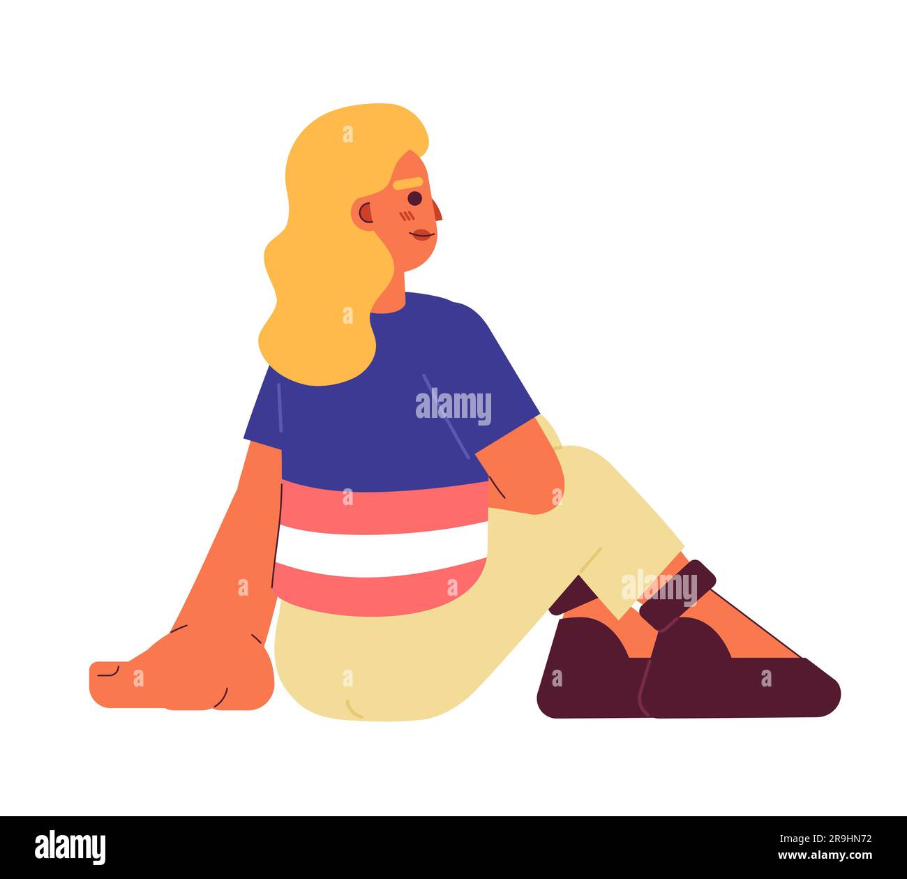 Weiße blonde Frau, die gemütlich sitzt, halbflach, farbenfroher Vektorfigur Stock Vektor