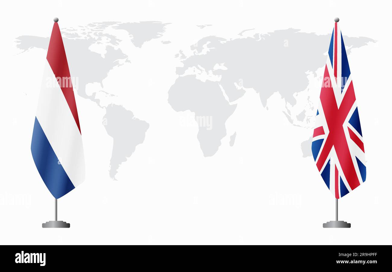 Flaggen der Niederlande und des Vereinigten Königreichs für eine offizielle Tagung vor dem Hintergrund der Weltkarte. Stock Vektor