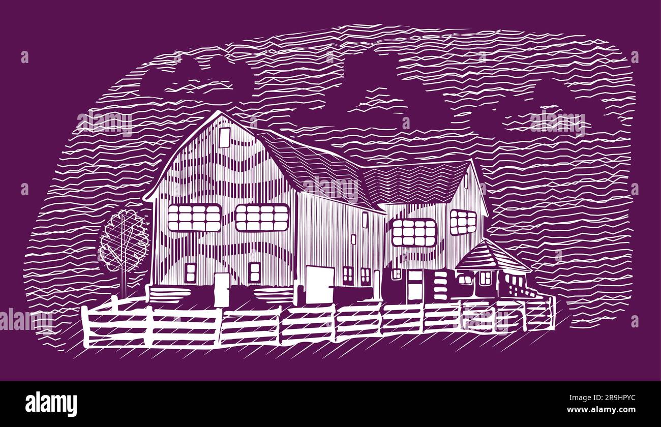 Bauernhaus und Ranch-Anwesen in Landschaftslandschaft mit Holzschnitt und kontrastierendem Hintergrund Stock Vektor