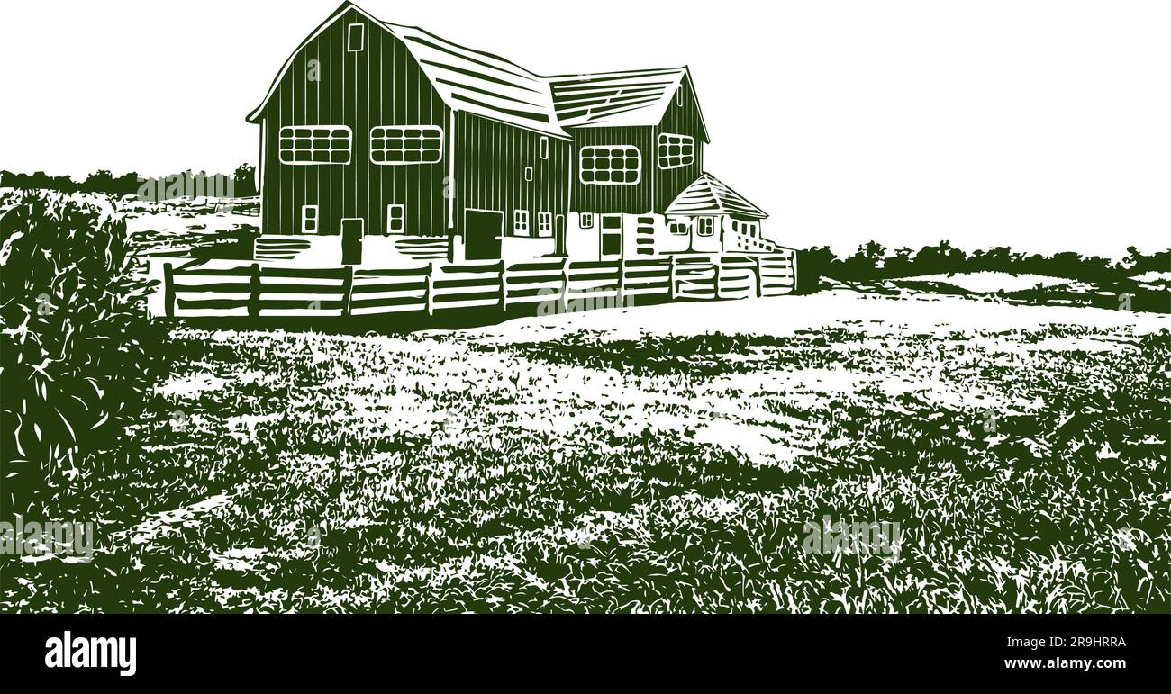 Tapeten mit Bauernhaus und Ranch-Grundstück in Landschaftslandschaft, in Holzschnitt-Stil auf transparentem Hintergrund gezeichnet Stock Vektor