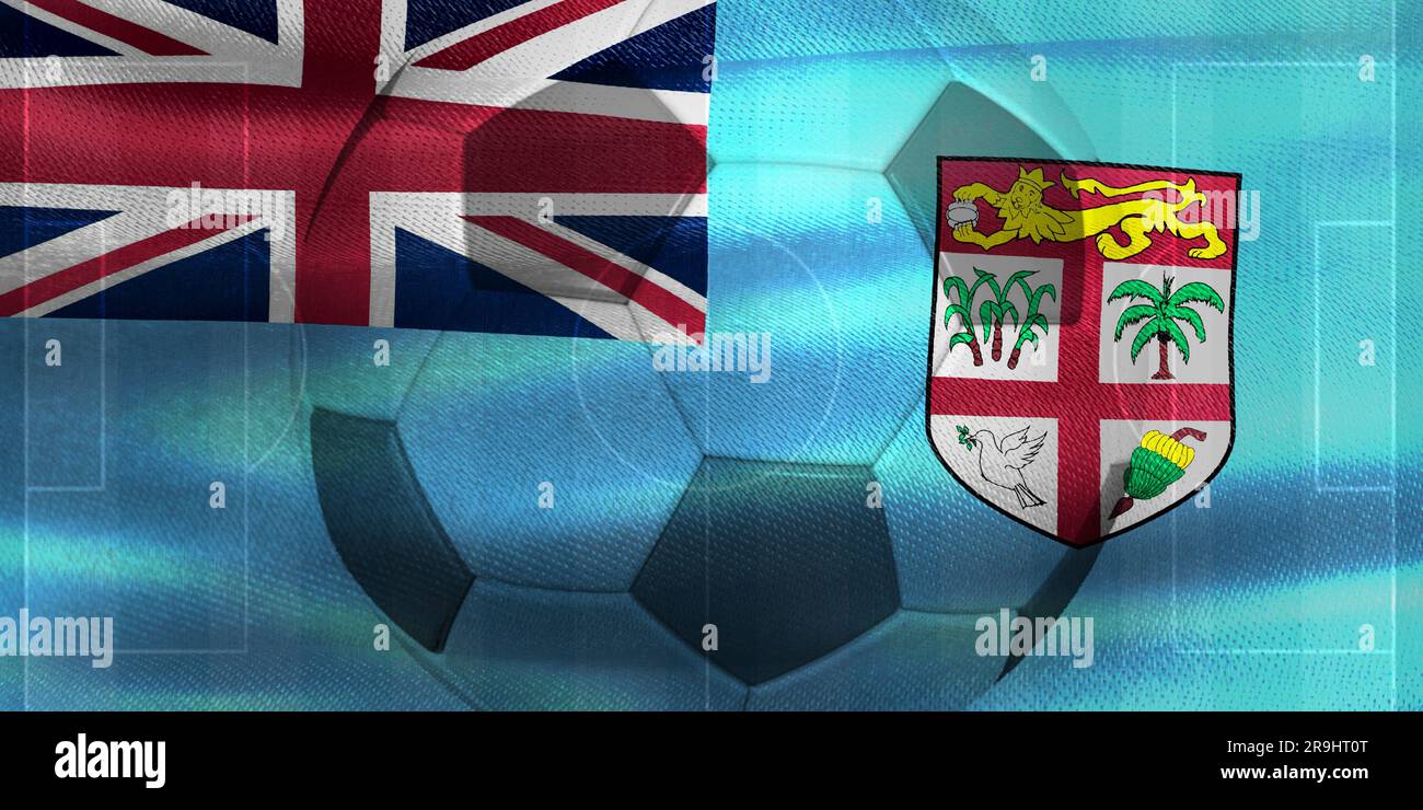 Die Fidschi-Flagge mit einem Fußball. Stockfoto