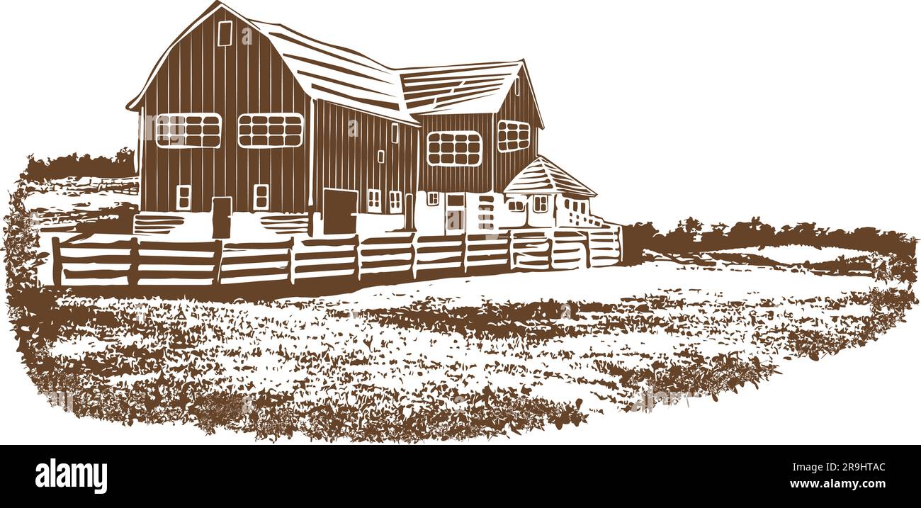 Bauernhaus und Ranch-Anwesen in Landschaftslandschaft, Holzschnitt-Stil auf transparentem Hintergrund Stock Vektor
