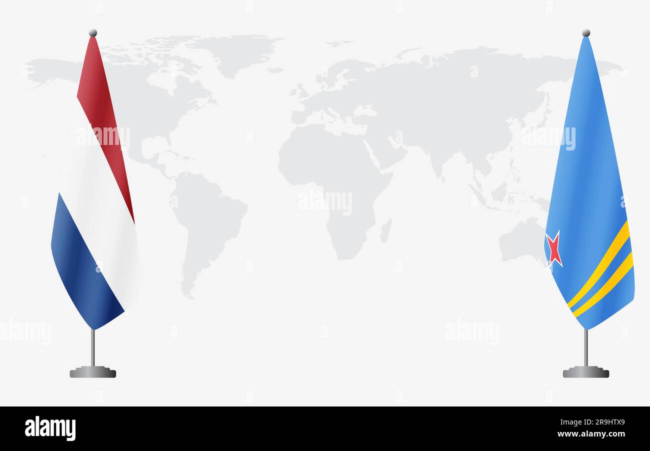Flaggen der Niederlande und Arubas für eine offizielle Tagung vor dem Hintergrund der Weltkarte. Stock Vektor