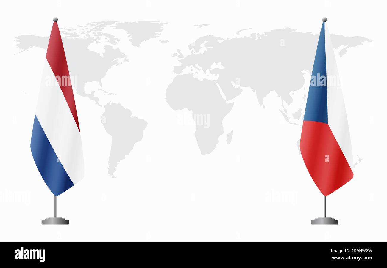 Die Niederlande und die Tschechische Republik führen vor dem Hintergrund der Weltkarte Flaggen für eine offizielle Tagung. Stock Vektor
