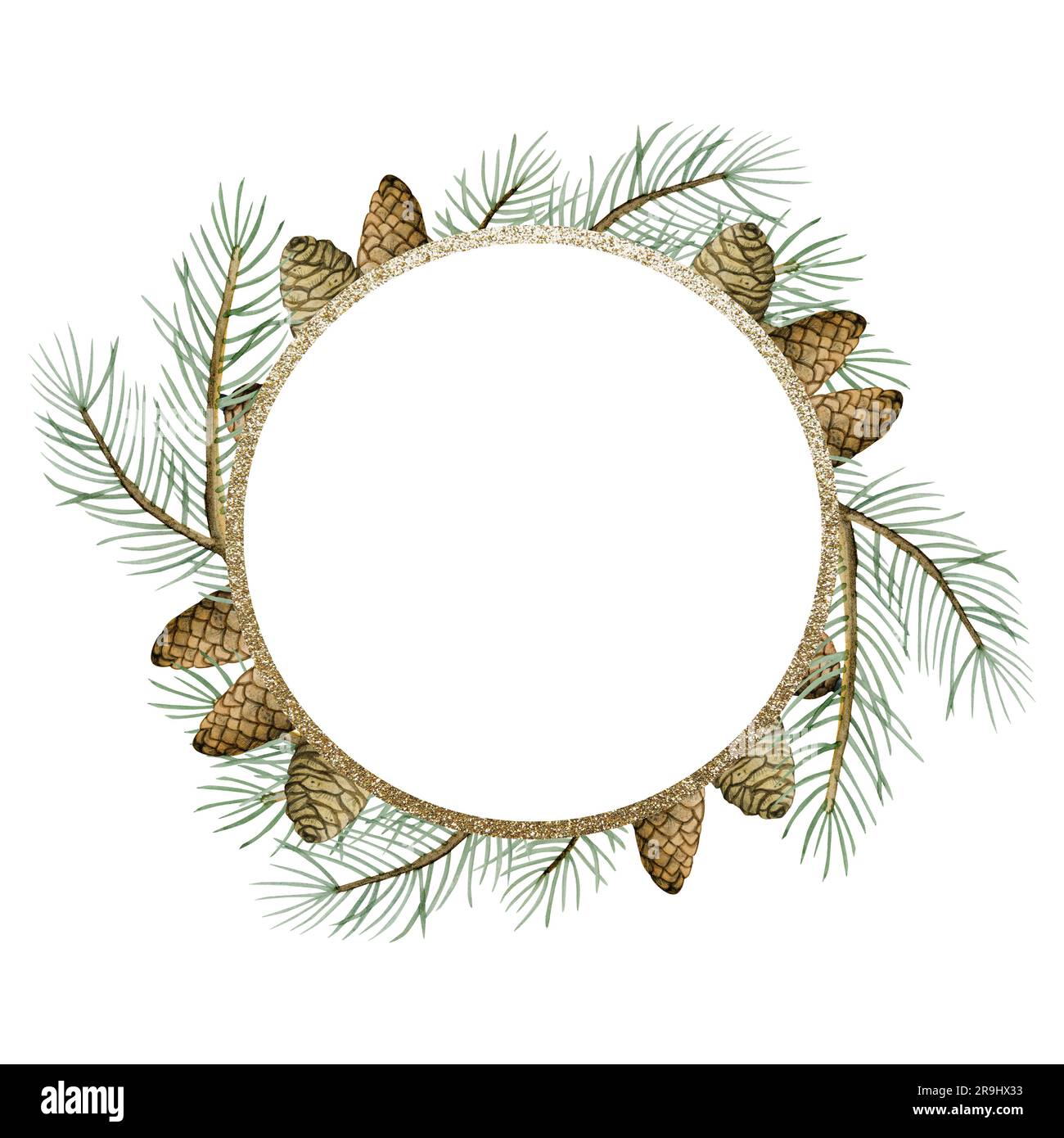 Fichtenäste und Kiefernzapfen Weihnachtskranz Aquarell Illustration mit rundem goldenen Rahmen. Feiertagsvorlage Stockfoto
