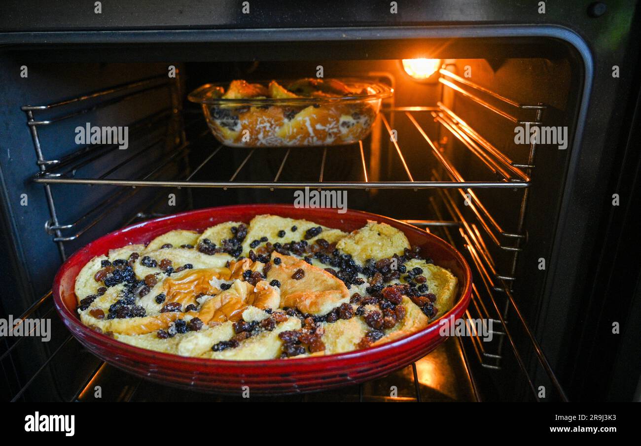 Hausgemachtes Brot und Butterpudding, das in einem elektrischen Ventilofen in der Küche gekocht wird Stockfoto