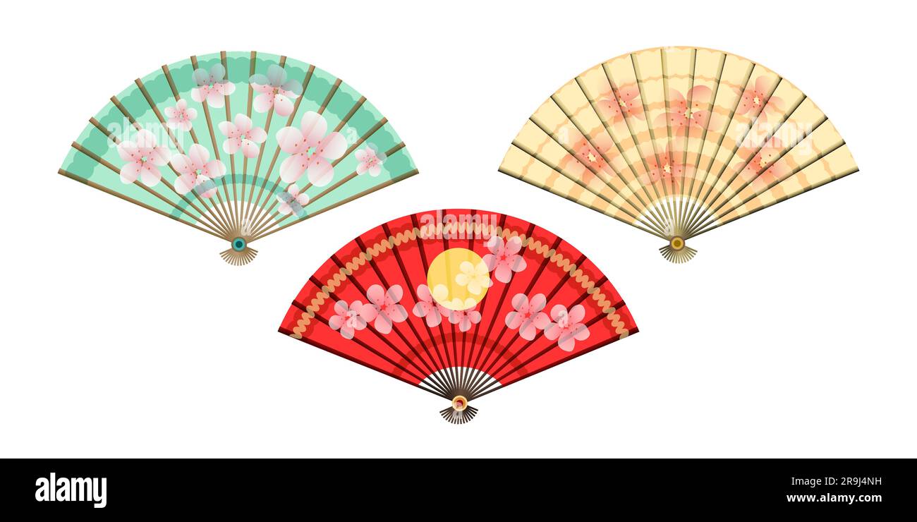 Farbiges orientalisches Japan-Fanset isoliert auf weißem Hintergrund. Vektordarstellung Stock Vektor
