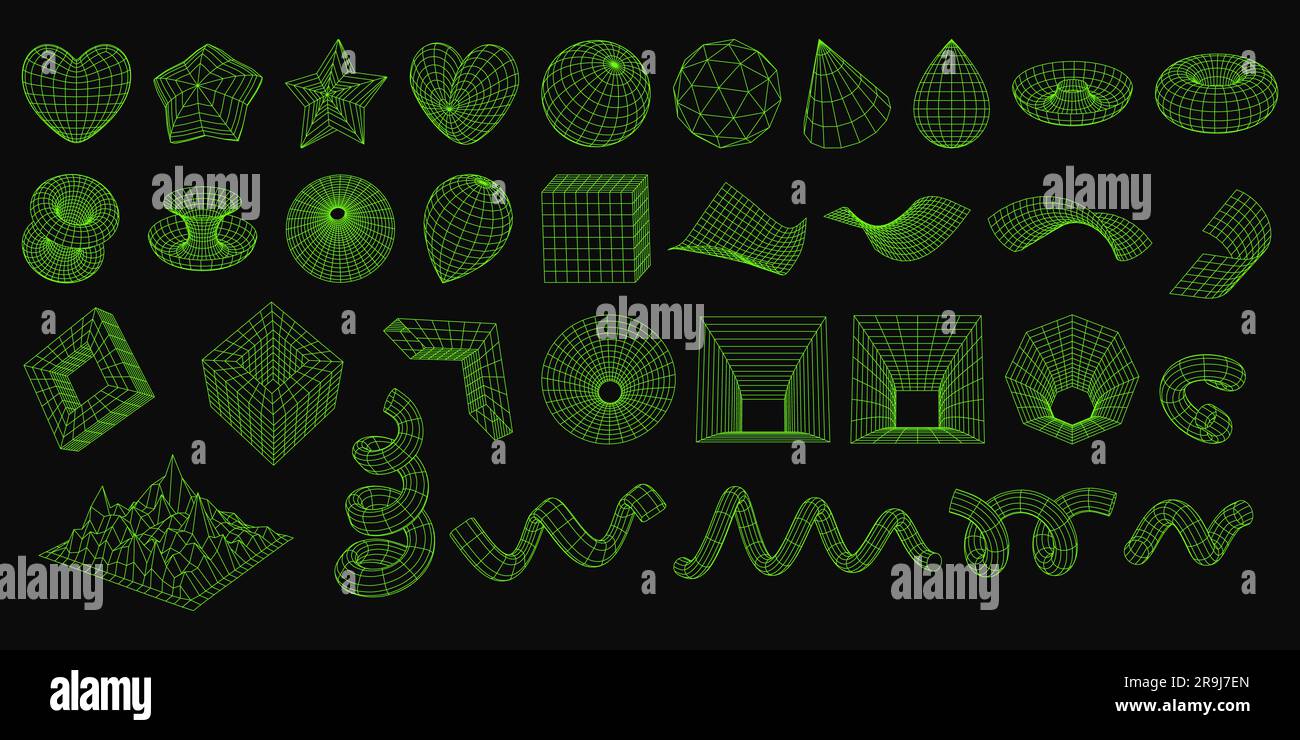 Set von geometrischen 3D-Drahtmodellformen. Abstrakte Figuren, Netzgitter. Würfel, Tropfen, Spirale, Berglandschaft, Stern, Herz, verzerrte Flugzeuge, Trichter. Iso Stock Vektor