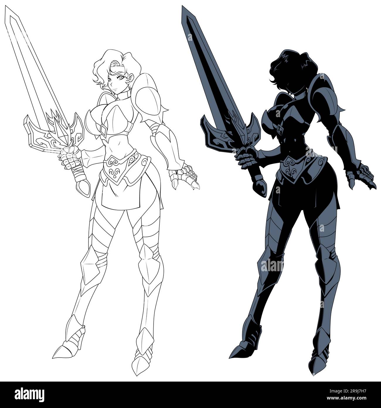 Anime Female Knight Line Art und Silhouette Stock Vektor