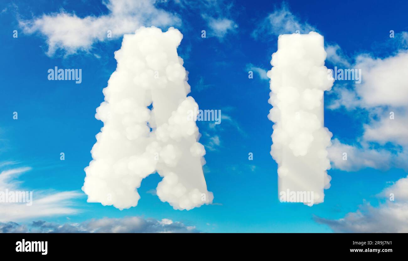 AI-förmige, flauschige Wolke auf blauem Himmelshintergrund. Logo-Vorlage für künstliche Intelligenz. Futuristische, moderne, intelligente Technologie, Wissenschaft, Weltraum. 3D-Rendern Stockfoto