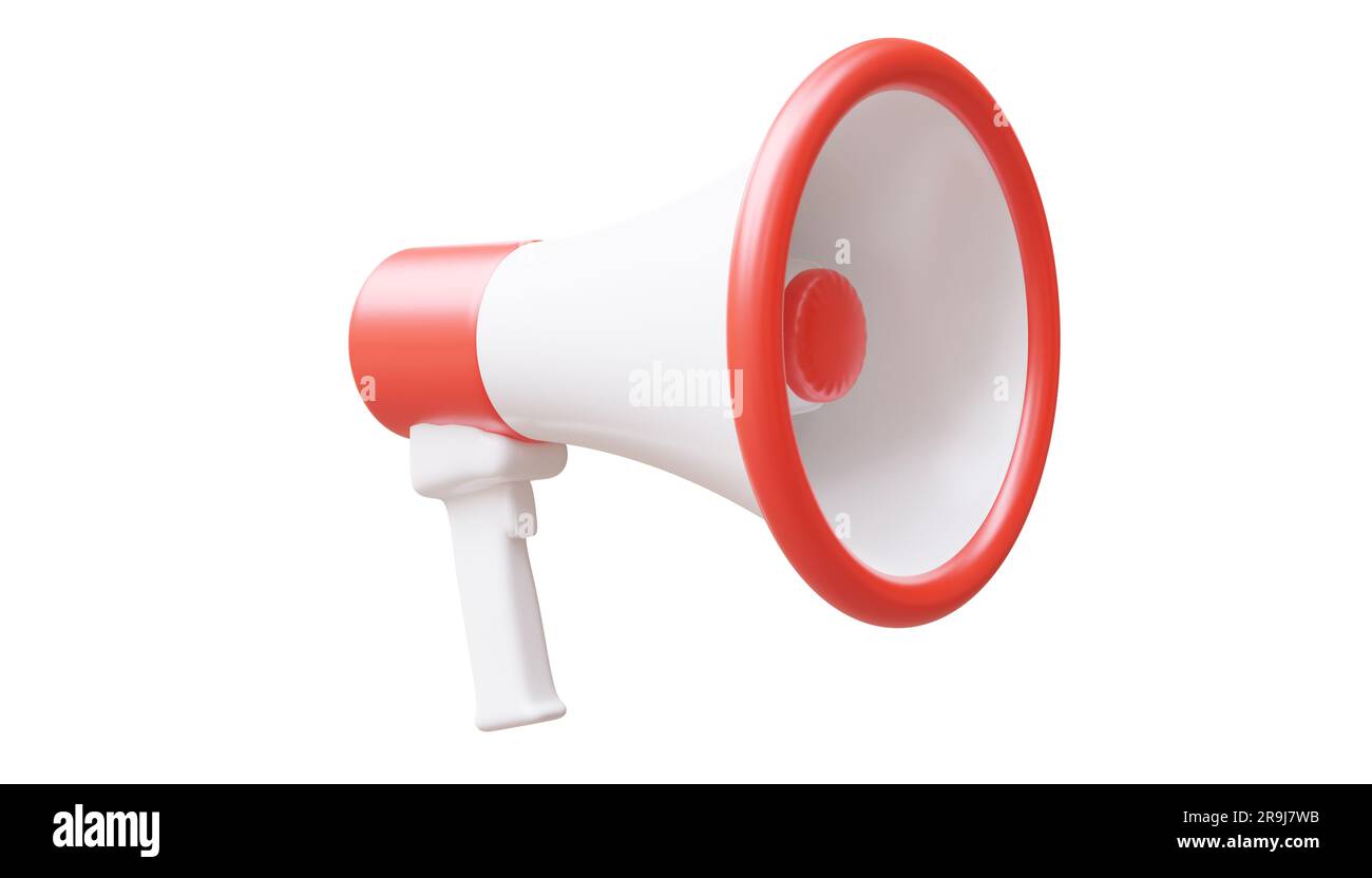 Roter tragbarer Megafon-Lautsprecher mit Bullhorn, isoliert auf weiß, Ansage-Konzept. 3D-Rendern Stockfoto