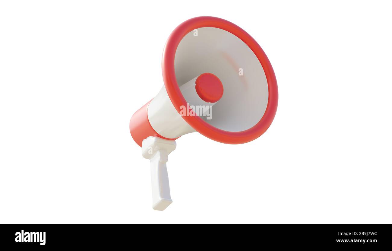 Roter tragbarer Megafon-Lautsprecher mit Bullhorn, isoliert auf weiß, Ansage-Konzept. 3D-Rendern Stockfoto
