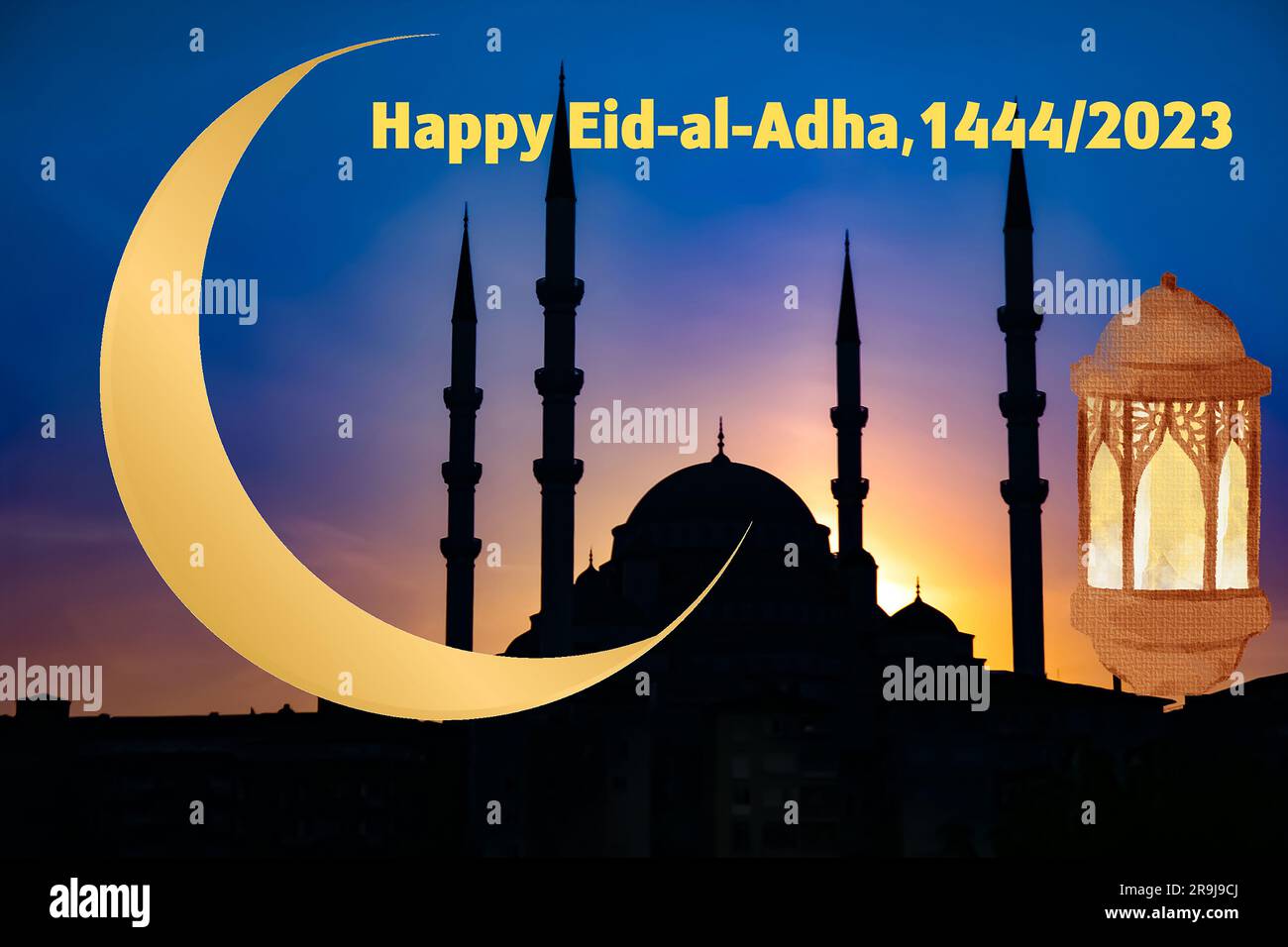 Drei Tage später, Eid-al-Adha, einer der wichtigsten Feiertage der Moslems. Ich habe eine templete für soziale Medien vorbereitet. Stockfoto