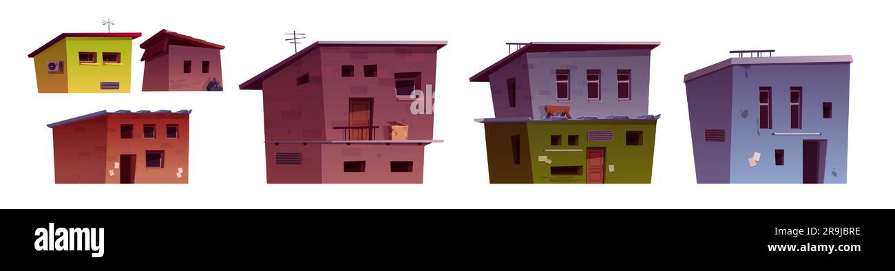 Armes Ghetto City Street House Vektorbau-Set. Cartoon indien Dorf Viertel zerbrochen Haus isoliert auf weißem Hintergrund. Verlassene verfallene Favela Architecture District Außensammlung Stock Vektor