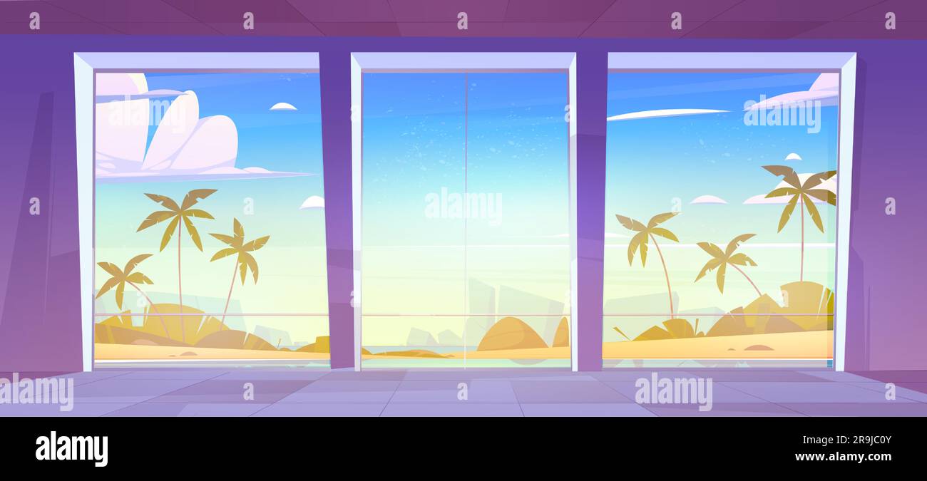 Blick auf das Meer und die Strandlandschaft vom tropischen Hotelzimmer aus. Leeres Villenhaus in der Nähe des Ozeans und Palmen für einen friedlichen mittelmeerurlaub. Horizontales Paradies-Banner Stock Vektor