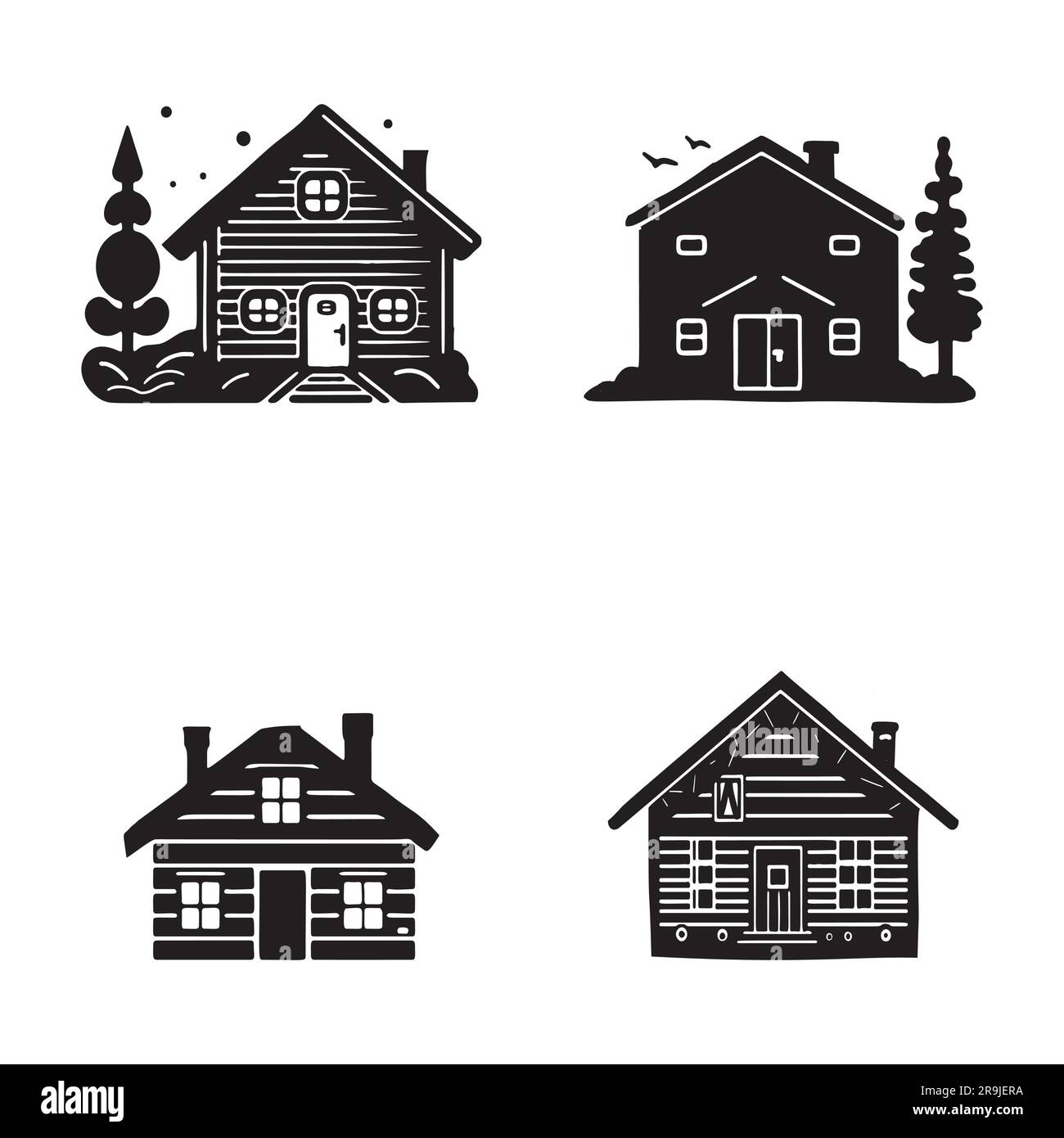 Eine Reihe von Vektordarstellungen für Holzhütten und Tannenbäume. Maskuline Outdoor-Reise im nordischen Linocut-Chalet in skandinavischer Urlaubsgruppe Stock Vektor