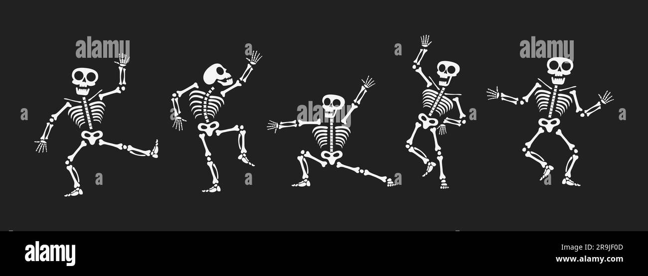 Skelette tanzen mit verschiedenen Positionen flaches Design Vektorbildungs-Set. Lustiger Tanz Halloween oder Day of the Dead Skeletons Sammlung. Stock Vektor