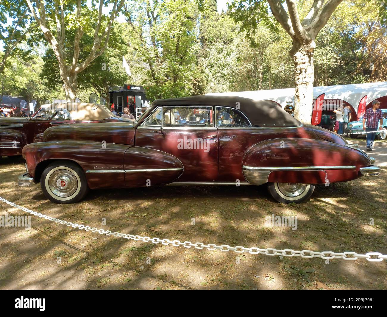 Altes rotes, burgunderfarbenes 1947 Cadillac Serie 62 Coupé Cabriolet V8 in einem Park. Natur, Gras, Bäume. Sonniger Tag. Autoclasica 2022 Oldtimer-Show. Stockfoto