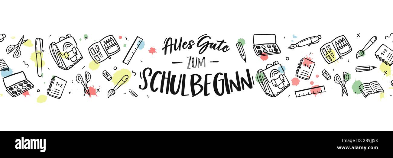 Niedliche handgezeichnete Schulkritzeleien und deutscher Text mit der Aufschrift „Zurück zur Schule“ – großartig für Banner, Einladungen, Werbung Stock Vektor