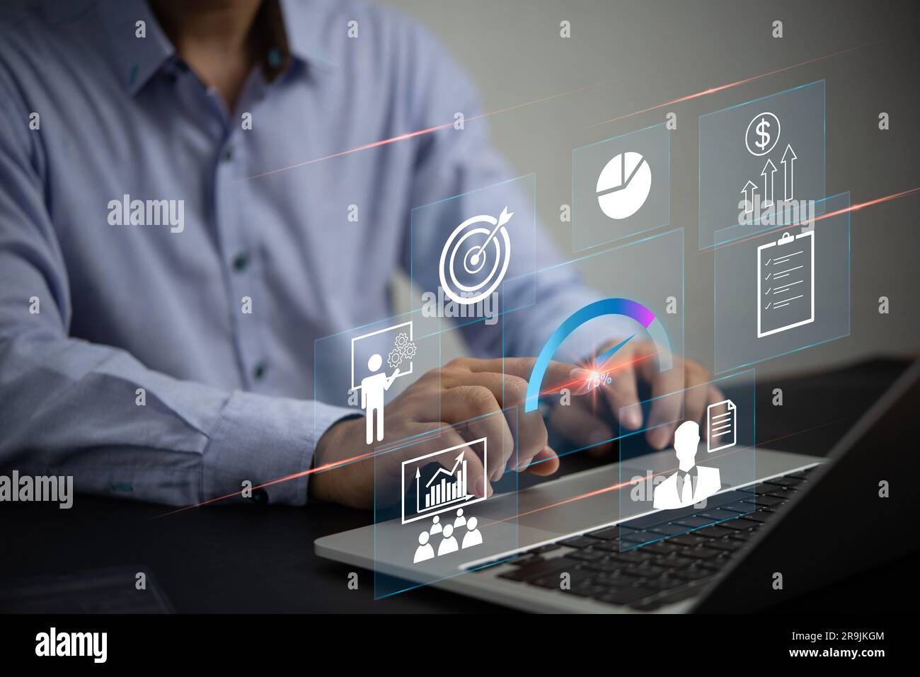 Geschäftsentwicklung und Technologie Datenanalyst. Business Analytics-Dashboard Business Intelligence-(BI-)Datenvisualisierung, Kennzahlen und KPI-Schlüsselleistung Stockfoto