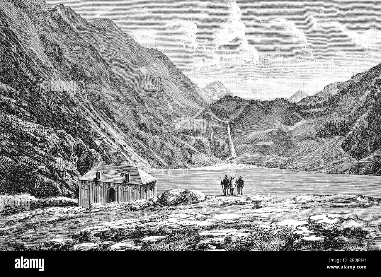 Eine Illustration der Menschen aus dem späten 19. Jahrhundert am Ufer des Lac d'Oô, einem See in den Pyrenäen, der vor allem für seinen 275 Meter hohen Wasserfall bekannt ist. Dieser natürliche See, der früher Lac de Séculéjo genannt wurde, ist seit dem Bau eines Staudamms künstlich geworden. Stockfoto