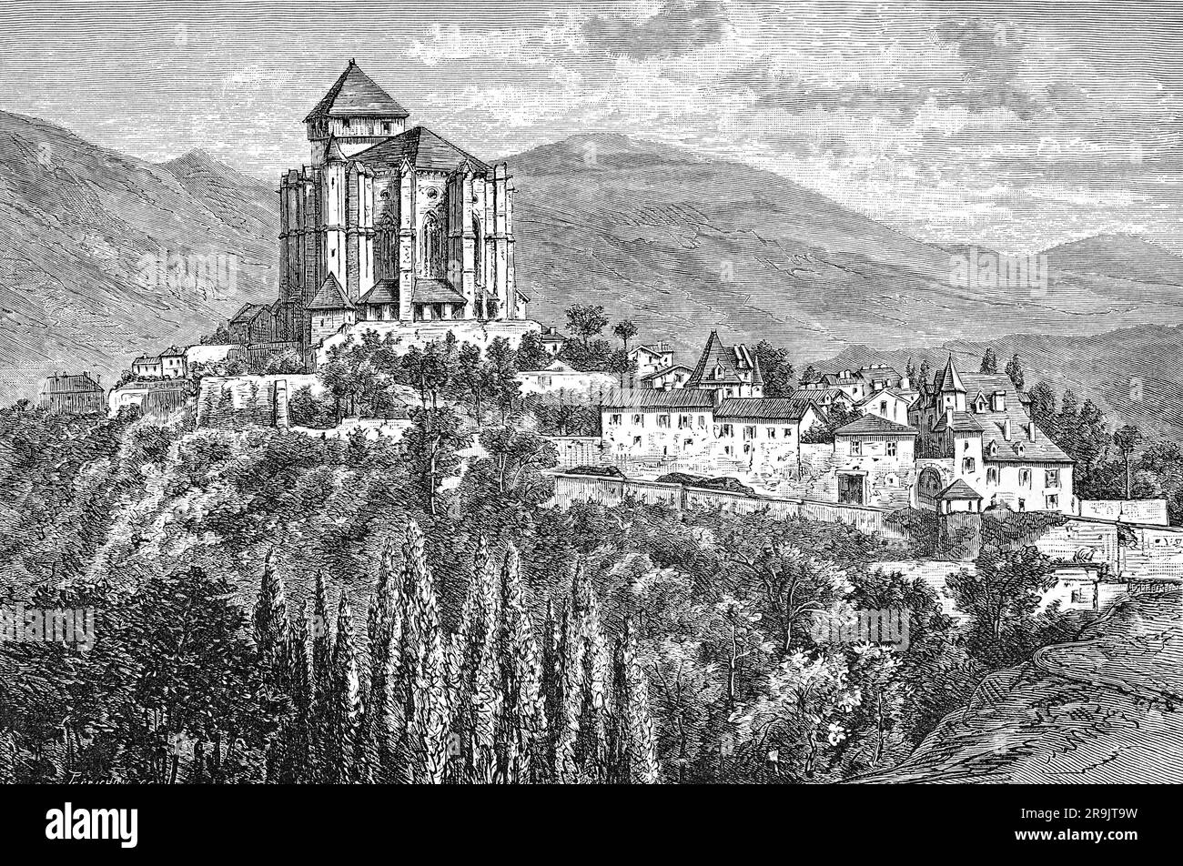 Eine Illustration der ehemaligen römisch-katholischen Kathedrale aus dem späten 19. Jahrhundert, erbaut zwischen dem 12. Und 16. Jahrhundert in Saint-Bertrand-de-Comminges, Haute-Garonne, Südwestfrankreich. Es war der Sitz der antiken Diözese der Gemeine. Stockfoto
