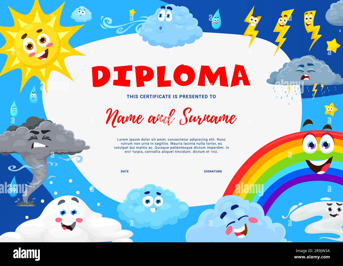 Kinderdiplom mit Zeichentrickfilmen, Vorlage für Vektorzertifikate. Abschlusszeugnis für Schule oder Kindergarten-Workshop mit lustiger Sonne und Regenbogen, Wolken und Blitzschlag, Wind oder Regen Stock Vektor