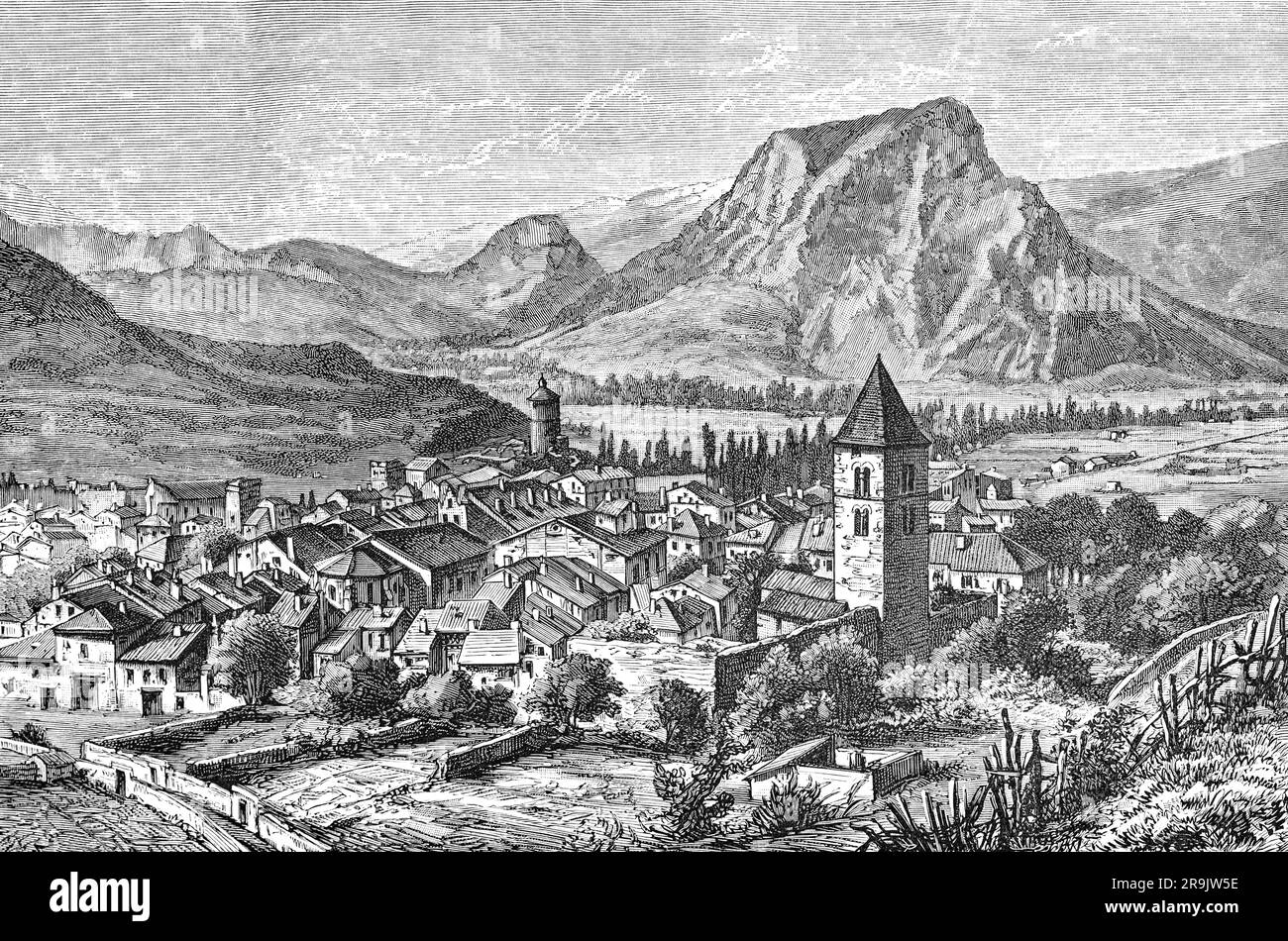 Eine Illustration aus dem späten 19. Jahrhundert von Tarascon-sur-Ariège, einer Gemeinde im Departement Ariège im Südwesten Frankreichs. Die Stadt liegt im Herzen der Ariège-Pyrenäen-Täler und ist mit ihrem Castella-Turm, der seit dem 18. Jahrhundert auf dem Felsen steht, aus der Ferne zu sehen. Diese hübsche kleine Stadt, die von Ariège und Vicdessos umgeben ist, ist das Tor zu Haute-Ariège. Stockfoto