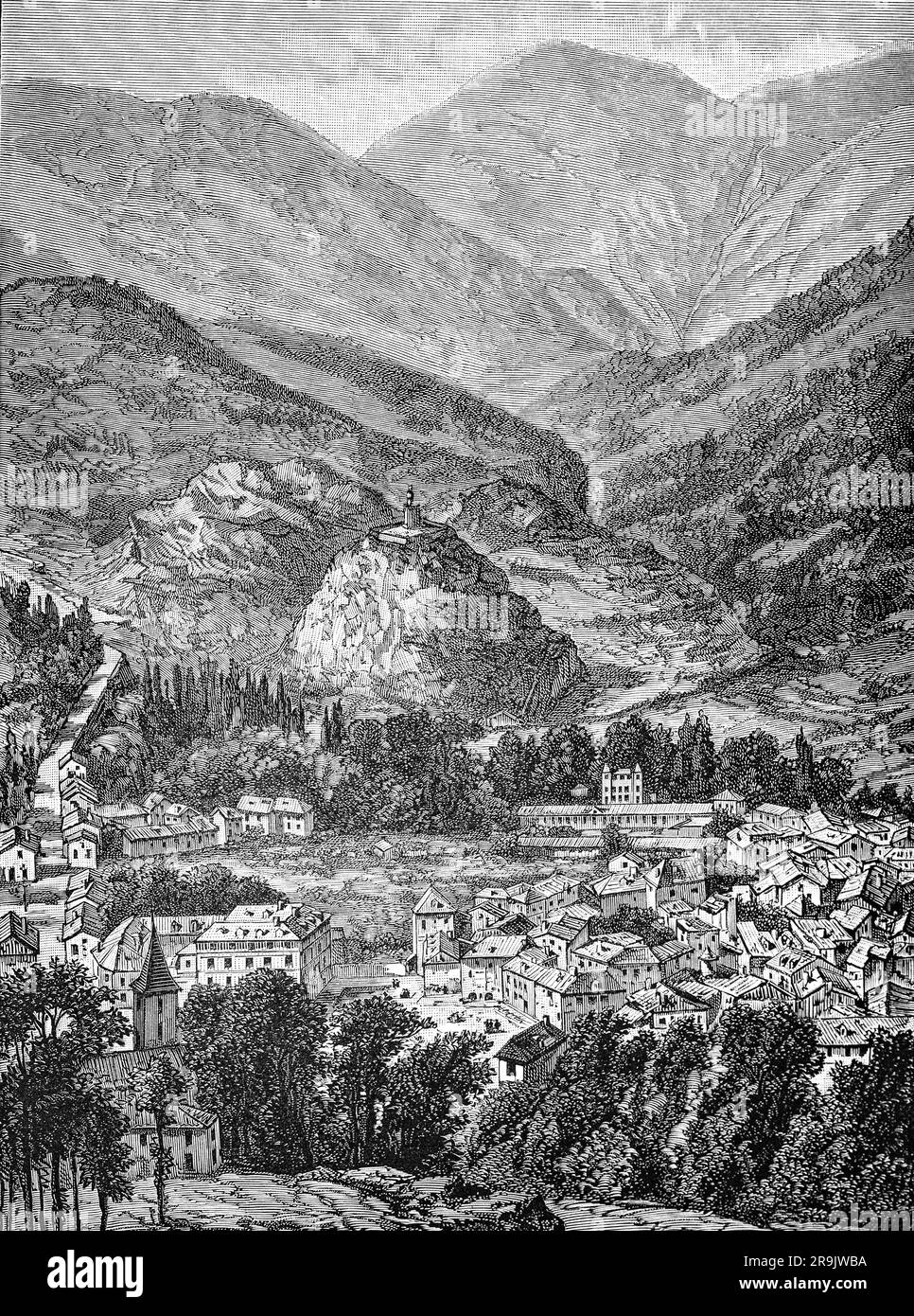 Eine Illustration aus dem späten 19. Jahrhundert von Tarascon-sur-Ariège, einer Gemeinde im Departement Ariège im Südwesten Frankreichs. Die Stadt liegt im Herzen der Ariège-Pyrenäen-Täler und ist mit ihrem Castella-Turm, der seit dem 18. Jahrhundert auf dem Felsen steht, aus der Ferne zu sehen. Diese hübsche kleine Stadt, die von Ariège und Vicdessos umgeben ist, ist das Tor zu Haute-Ariège. Stockfoto
