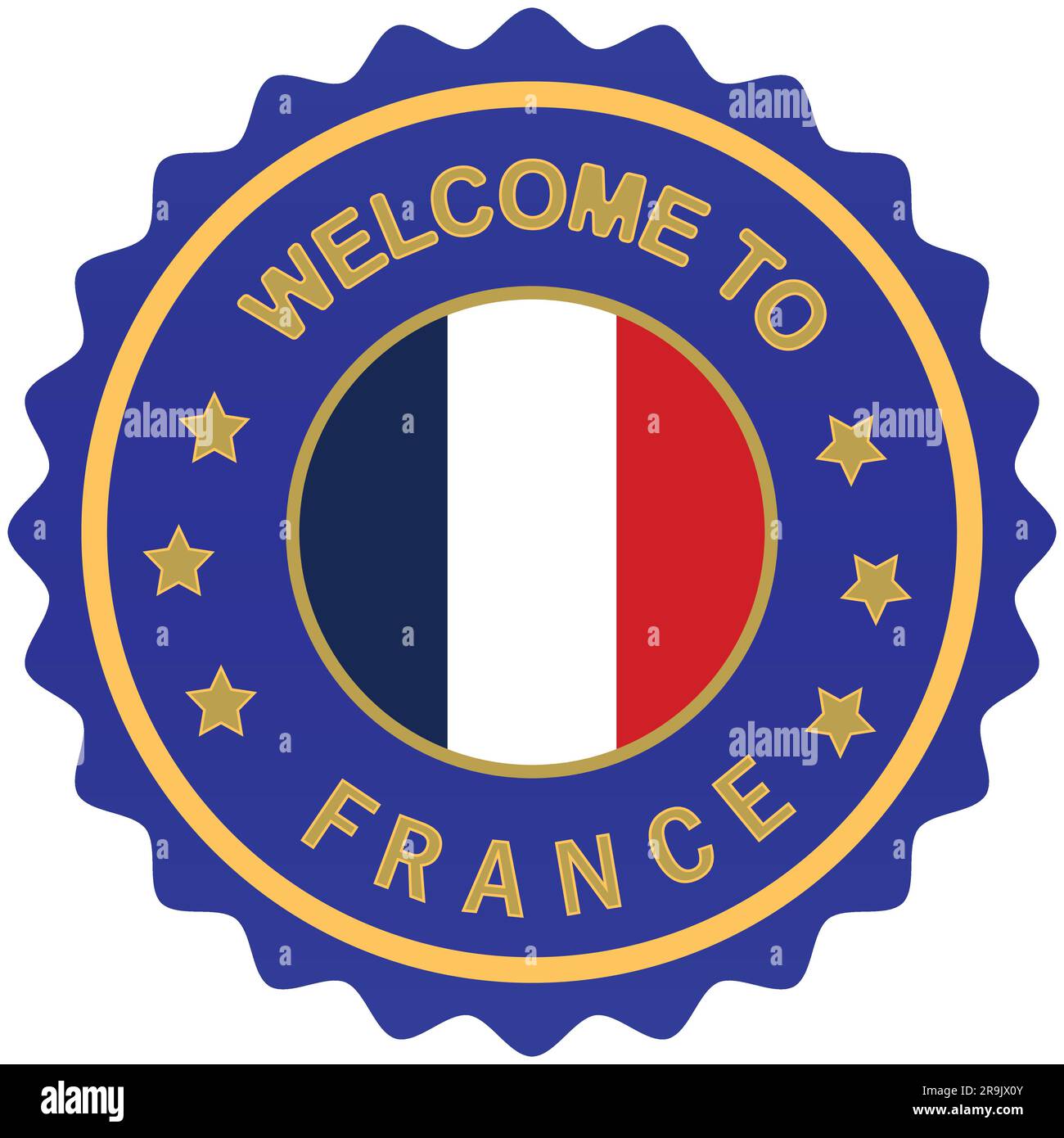 Willkommen bei Frankreich Design Vector Illustration und France Flag mit Rugby World Cup Themenfarben Hintergrund Willkommensstempel Frankreich Gold Siegel Stock Vektor