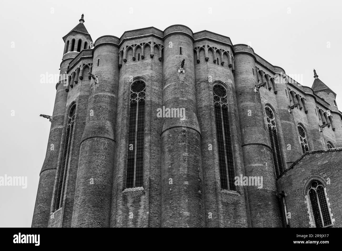 Die Basilika der Heiligen Cecilia, eine Kathedrale aus dem 13. Jahrhundert im französisch-gotischen Stil, mit Blick aus einem niedrigen Winkel auf die hohen Türme. Stockfoto