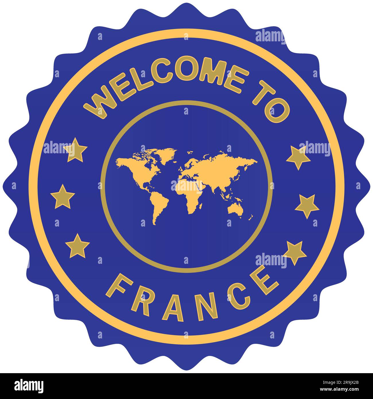Willkommen zur französischen Design Vector Illustration mit Weltkarte und Rugby-Weltmeisterschaft Themenfarben Hintergrund Willkommensstempel Frankreich Gold Siegel Stock Vektor