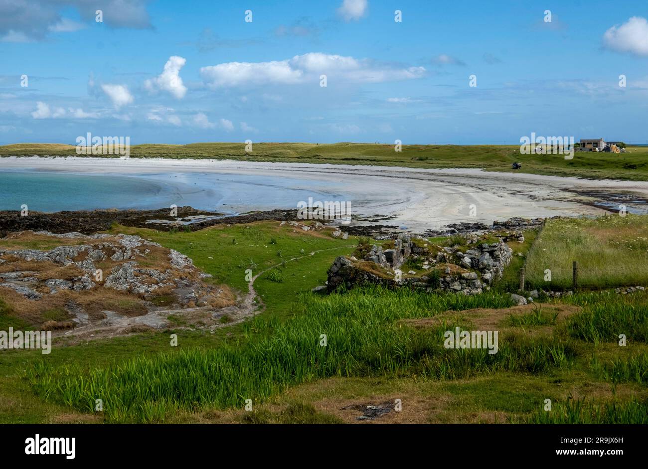 Blick auf verlassene Häuser, Waadt, Isle of Tiree, Innere Hebriden, Schottland, Großbritannien Stockfoto