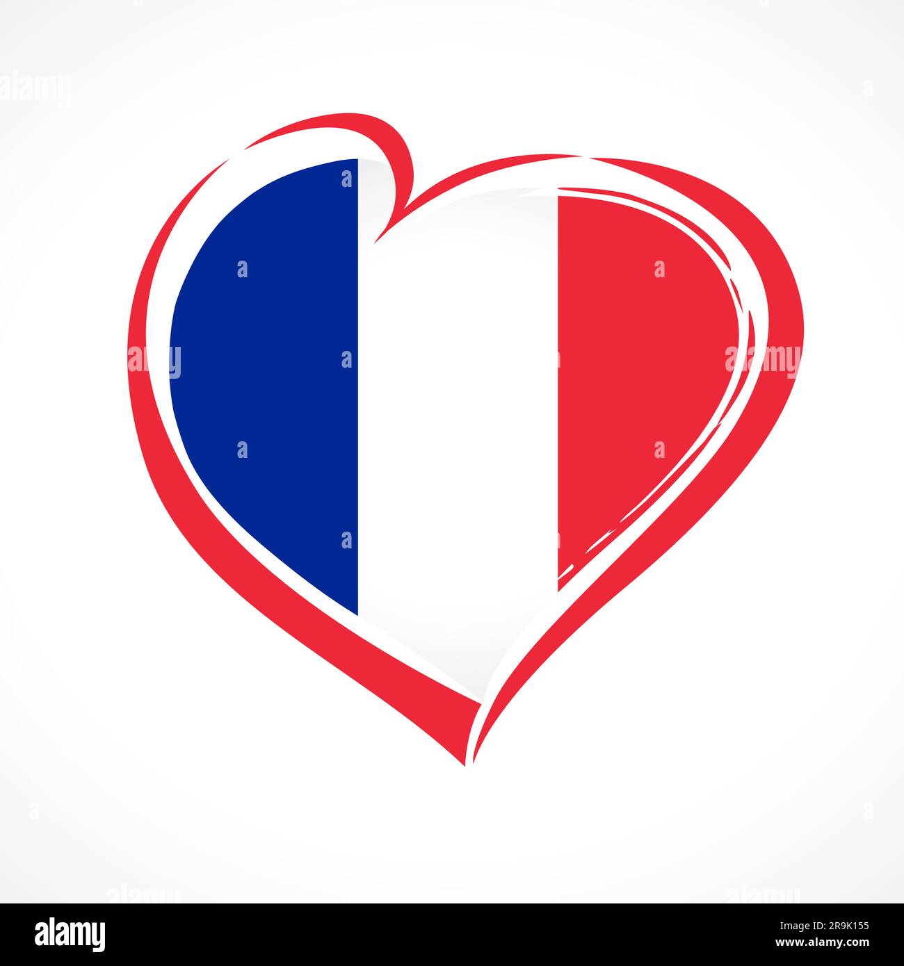 Kreatives Herz-Logo mit französischer Flagge. Willkommen in Paris, willkommen im französischen Touristenidentitätskonzept. „Happy Bastille Day“-Bekleidungsgrafik. T-sch Stock Vektor