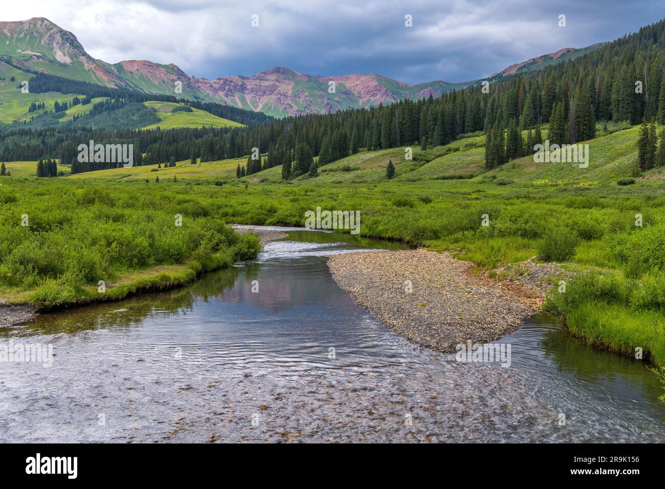 East River - Ein stürmischer Nachmittagsblick auf den East River, der in einem grünen Tal am Fuße der farbenfrohen Gipfel der Elk Mountains fließt. Crested Butte, CO, USA. Stockfoto