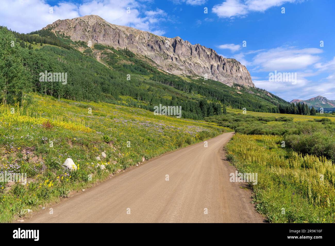 Gothic Road - Ein sonniger Blick am Sommermorgen auf eine malerische, unbefestigte Landstraße, Gothic Road, die sich am Fuße des zerklüfteten gotischen Berges schlängelt. Crested Butte, CO. Stockfoto