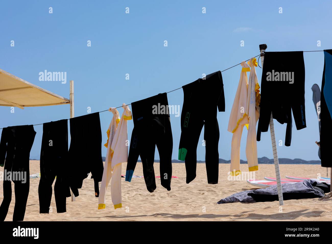 Neoprenanzüge hängen zum Trocknen am Flag Beach Corralejo Fuerteventura Kanarische Inseln Spanien Stockfoto