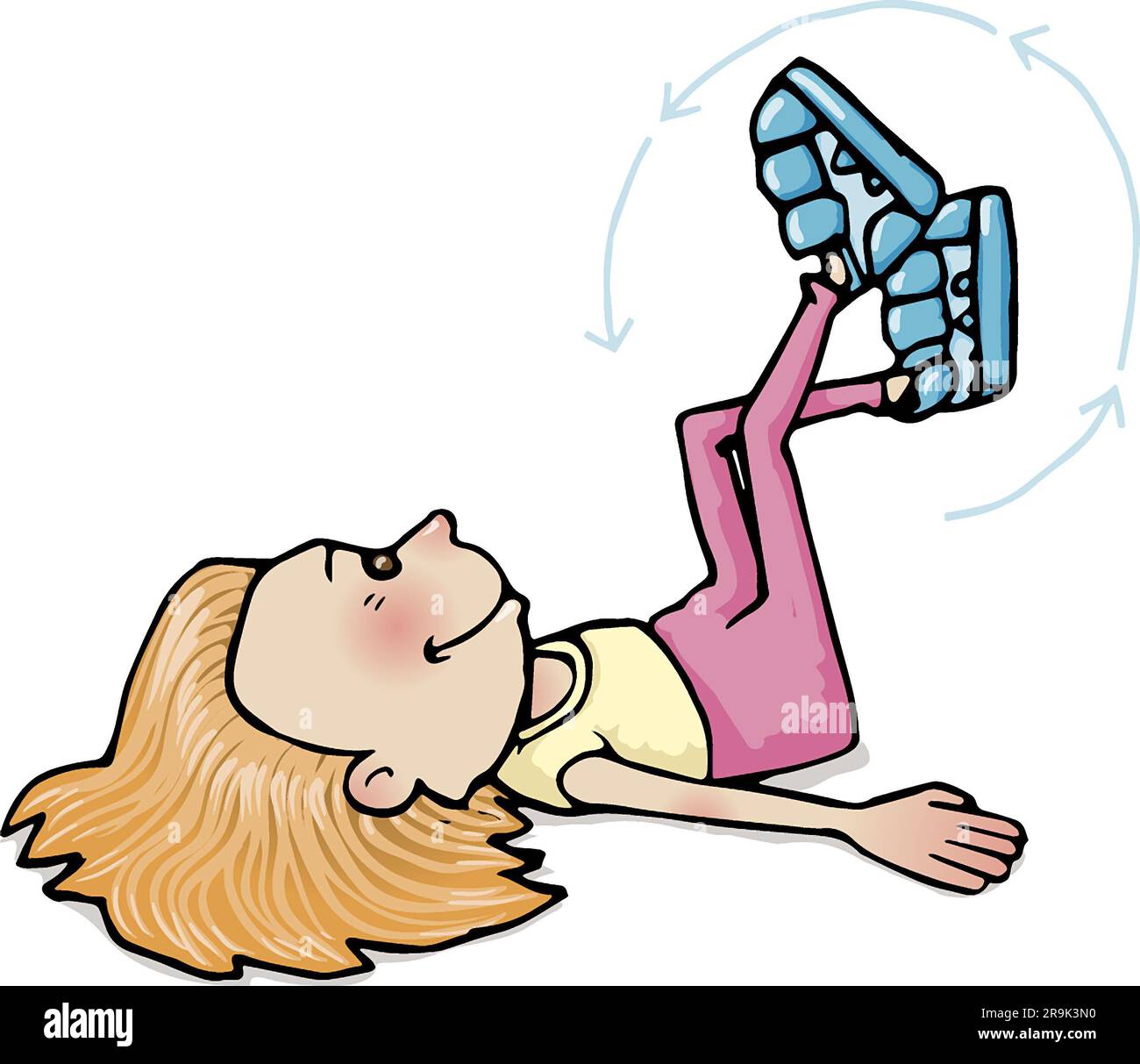 Pädagogische Kunst Illustration eines Mädchens im Alter von 5-7 Beinen in der Luft, Aircycling, Fitness, Gesundheit, Bewegung, Körperkontrolle, Koordination, Vorschulaktivitäten. Stockfoto