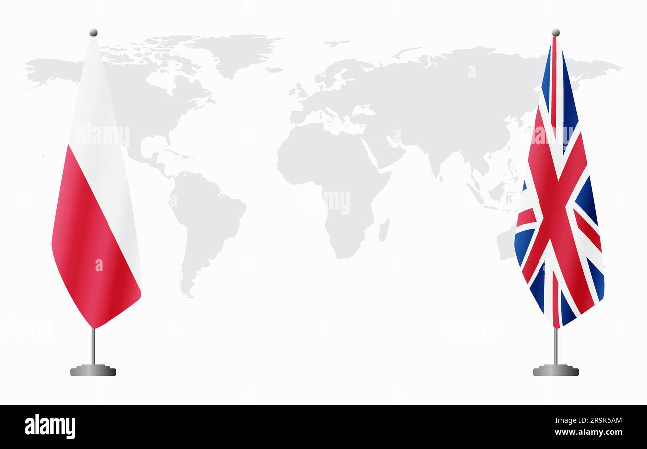 Polen und Vereinigtes Königreich Flaggen für eine offizielle Tagung vor dem Hintergrund der Weltkarte. Stock Vektor