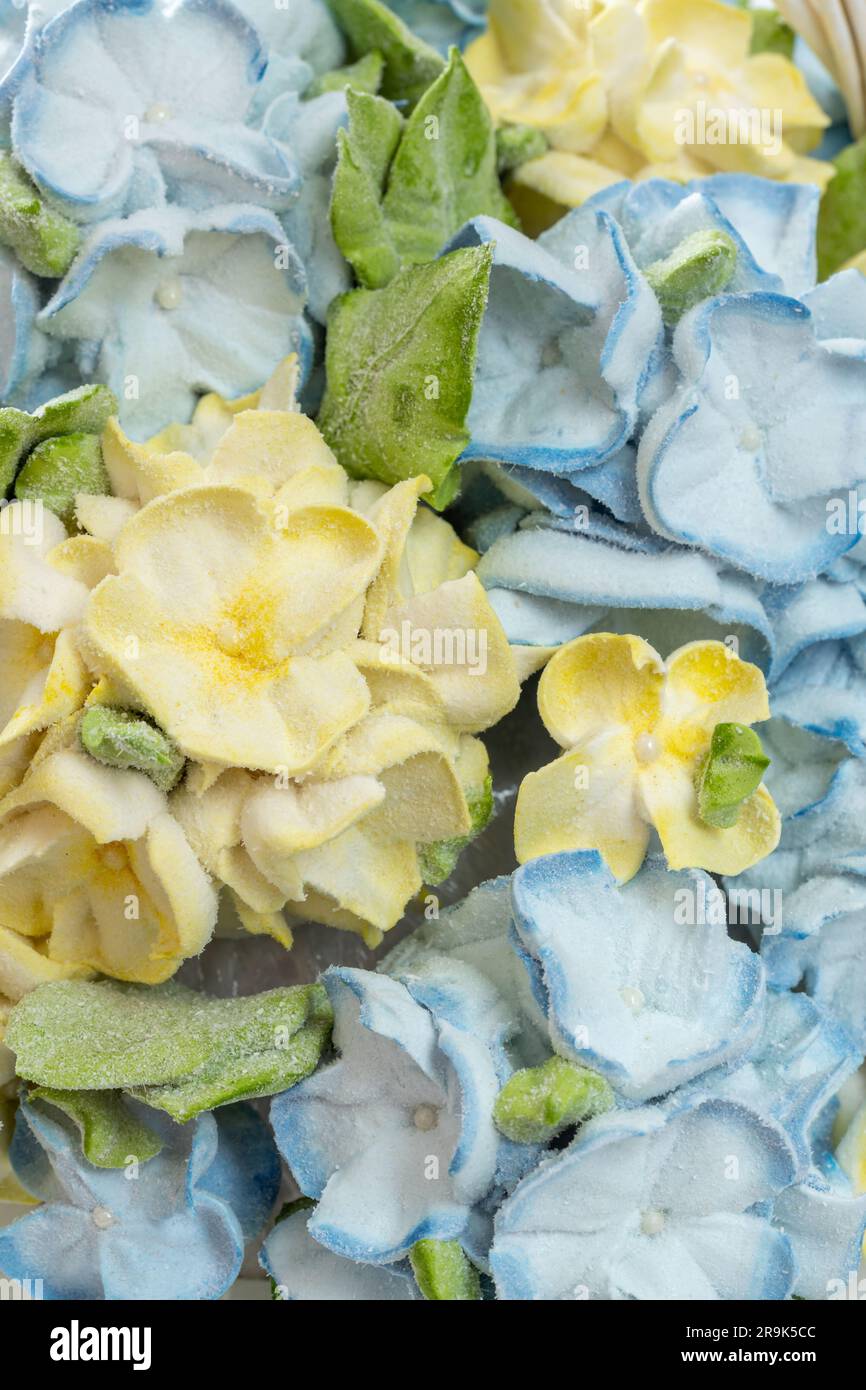 Zephyr-Blumenstrauß in einer Geschenkbox auf hellem Hintergrund Stockfoto