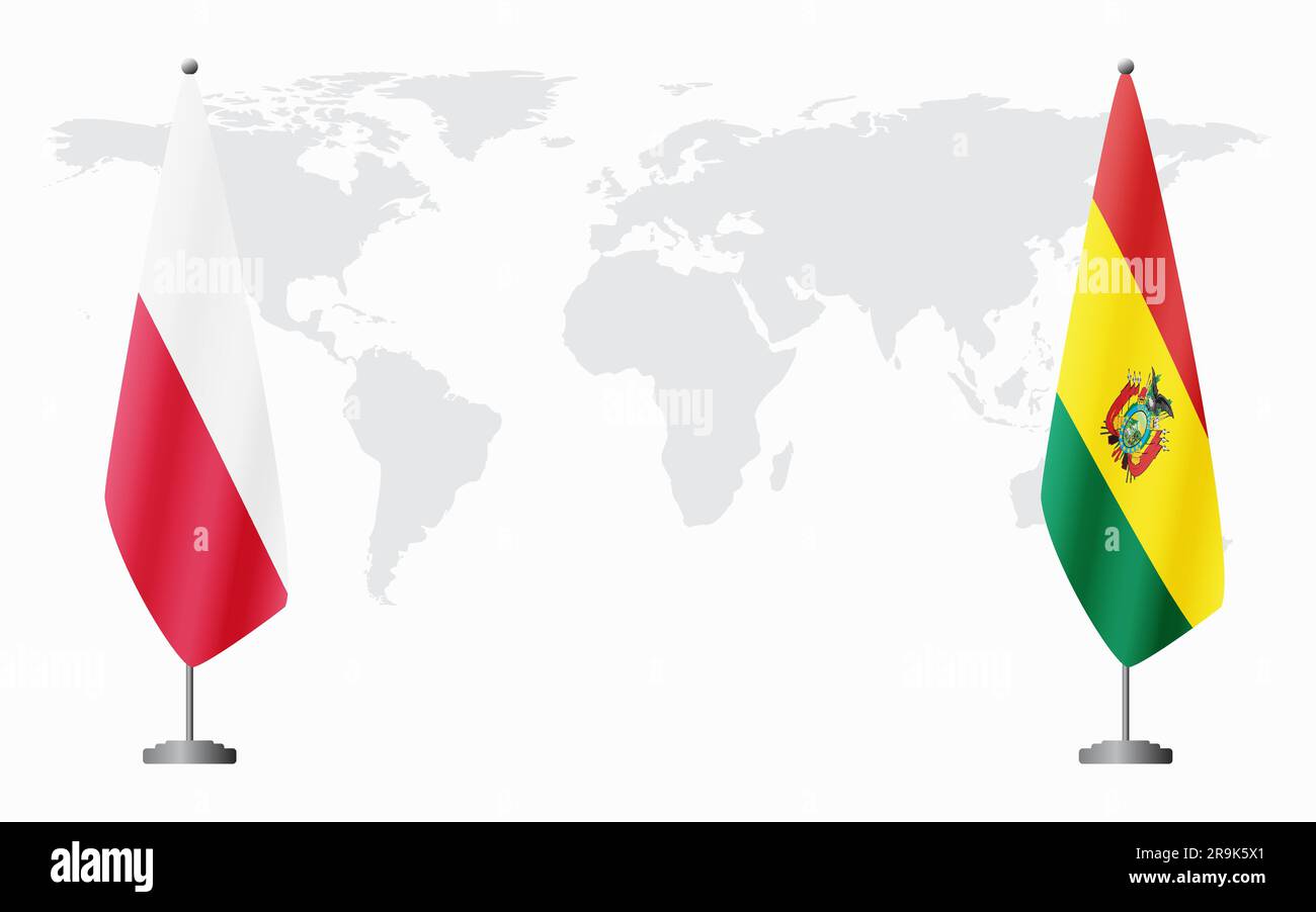 Polnische und bolivianische Flaggen für offizielles Treffen vor dem Hintergrund der Weltkarte. Stock Vektor