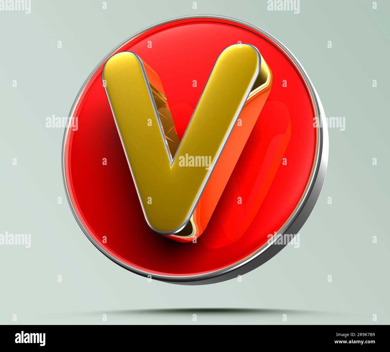 Der Buchstabe V ist goldgelb im roten Kreis. Die Abbildung 3D auf hellgrauem Hintergrund weist einen Arbeitspfad auf. Werbeschilder. Produktdesign. Produktverkäufe. Produkt Stockfoto