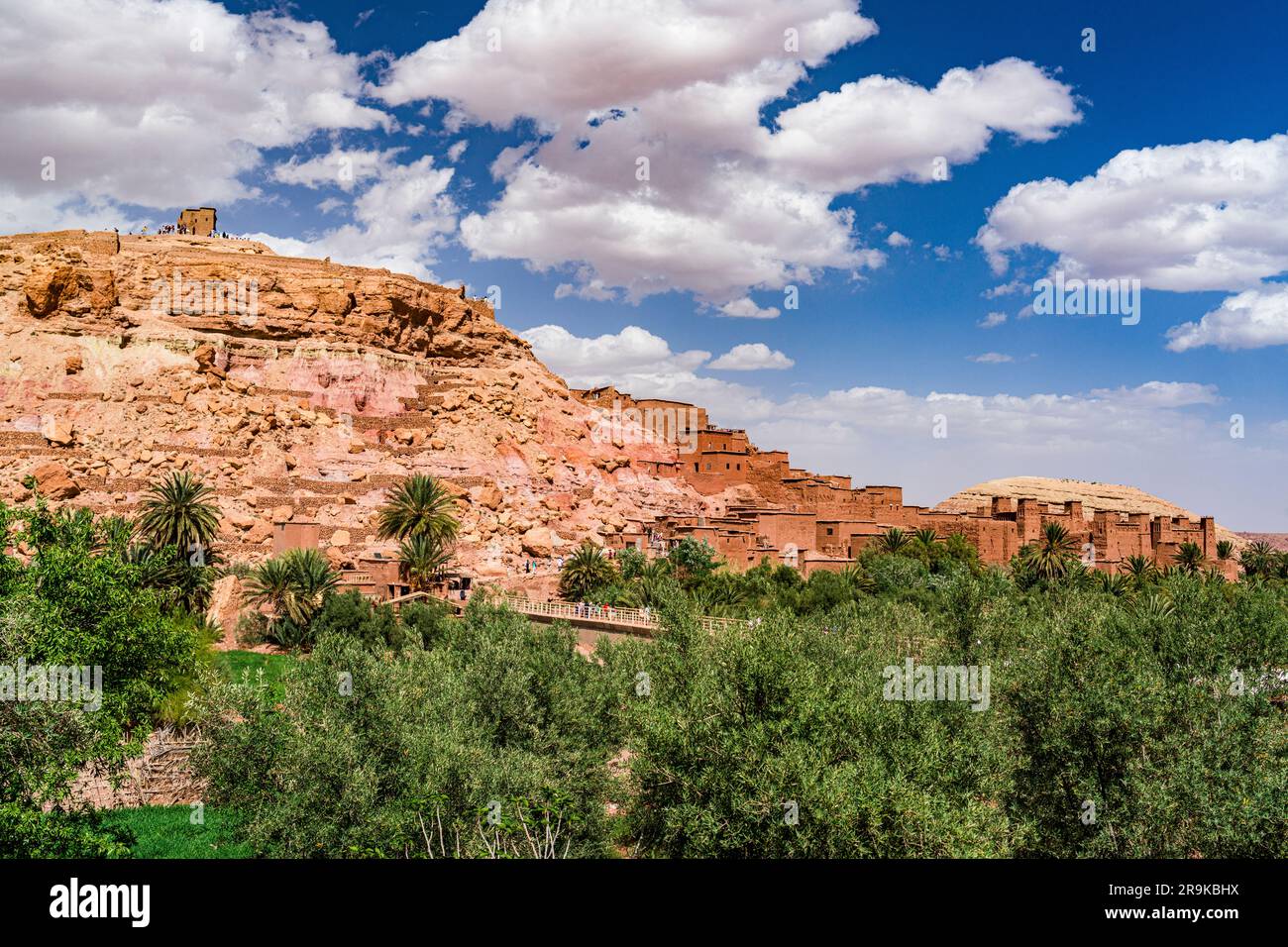 Historische Kasbah (befestigtes Dorf) von Ait Ben Haddou, umgeben von Bäumen, Provinz Ouarzazate, Marokko Stockfoto