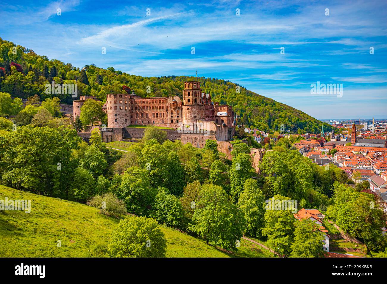 HEIDELBERG, BADEN-WÜRTTEMBERG, DEUTSCHLAND - CIRCA MAI 2023: Der Blick auf die Stadt Heidelberg vom Schloss Heidelberg aus. Stockfoto