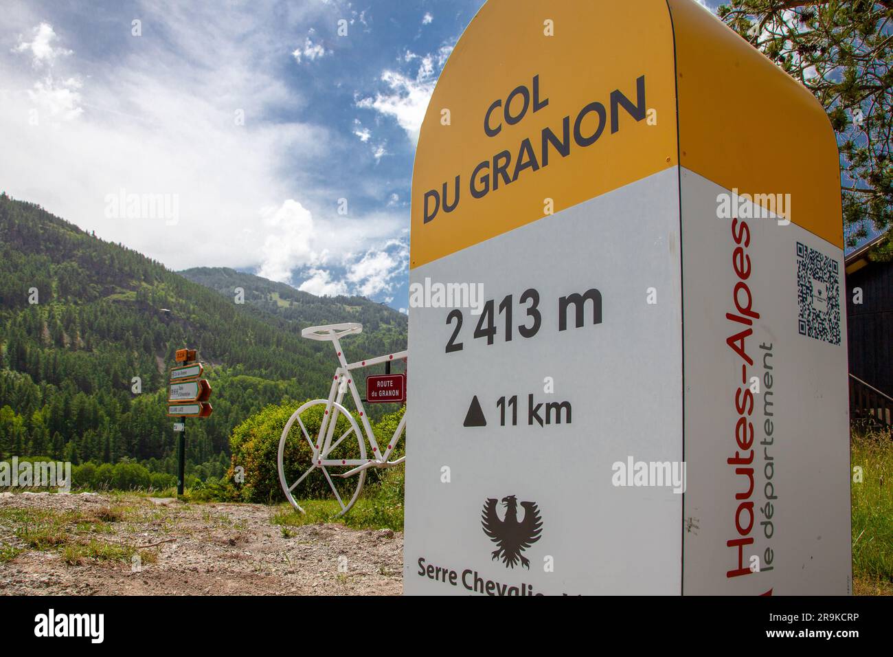 Gipfelschild Col du Granon und Fahrrad König der Berge, Hautes-Alpes, Frankreich Stockfoto