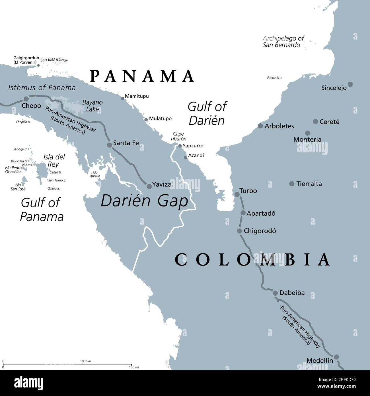 Darien Gap, graue politische Karte. Region im Isthmus von Panama, die Nord- und Südamerika mit Zentralamerika verbindet. Stockfoto