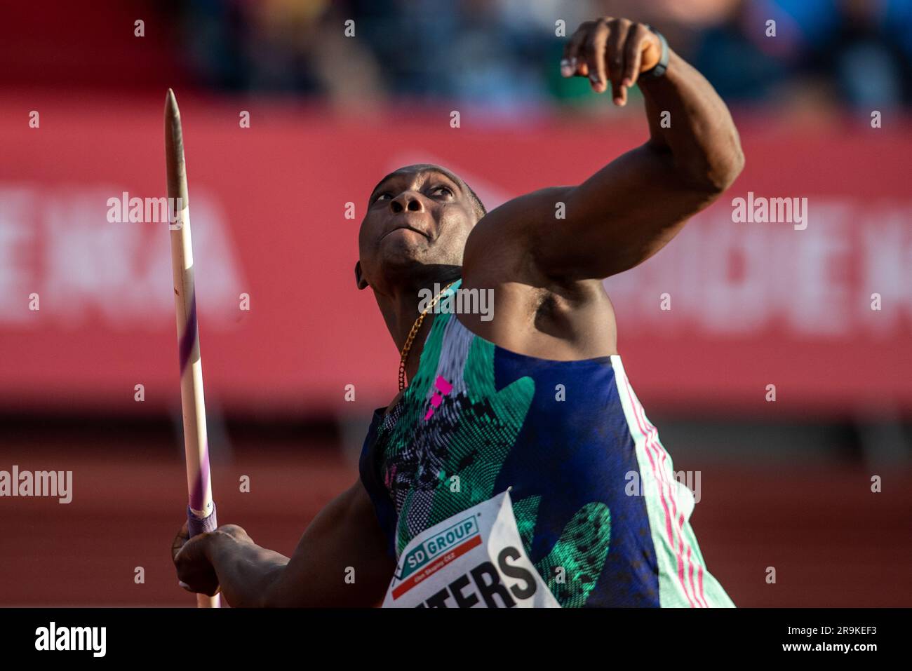 Ostrava, Tschechische Republik. 27. Juni 2023. Der Sportler Anderson Peters aus Grenada tritt am 27. Juni 2023 im Rahmen der IAAF World Challenge Meetings in Ostrava, Tschechische Republik, beim jährlichen Leichtathletikevent 63. in Golden Spike Ostrava in den Speerwurf für Männer. Kredit: Vladimir Prycek/CTK Photo/Alamy Live News Stockfoto